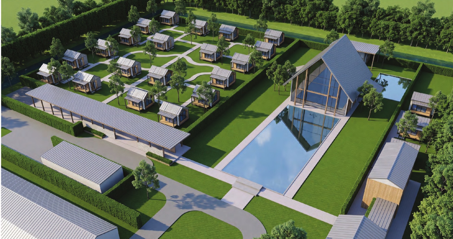 Concept design by day: meditation hall, reflecting pool and the single houses