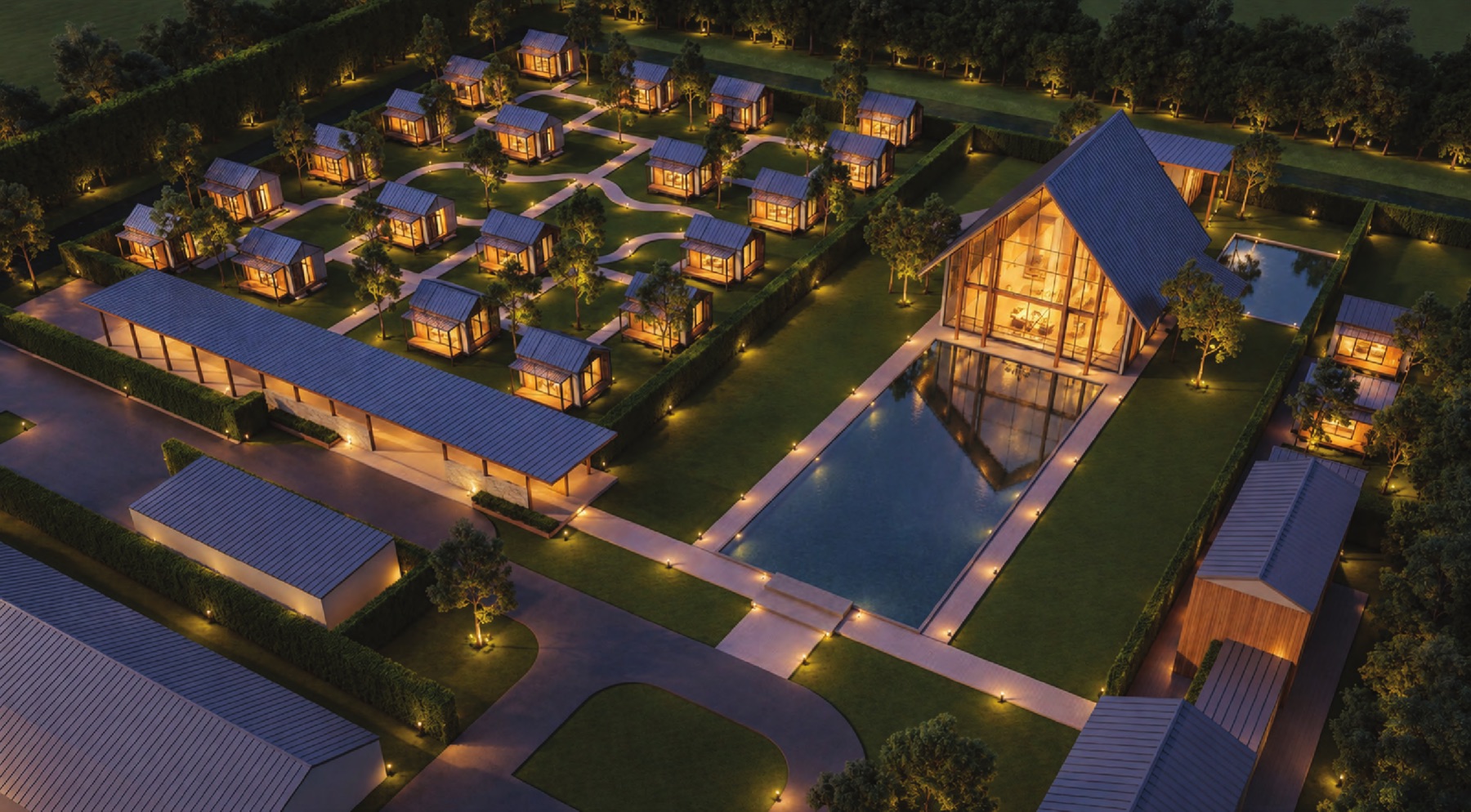 Concept design of Vimutti Valley at dusk: meditation hall by a reflecting pool, small single houses in gardens